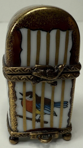 Limoges Peint Main Schmuckschatulle Gold Vogelkäfig blauer Vogel 2" Top Zustand - Bild 1 von 9