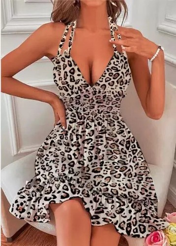 Nuevo Mujeres Volantes Doble Correa Halter Fruncido Informal Vestido Verano Cuello en V Vestido - Imagen 8 de 35