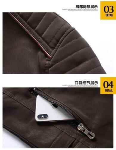 Herren Motorrad PU Lederjacke Freizeit Stehkragen Vintage Fleece Faux Mantel - Bild 11 von 15