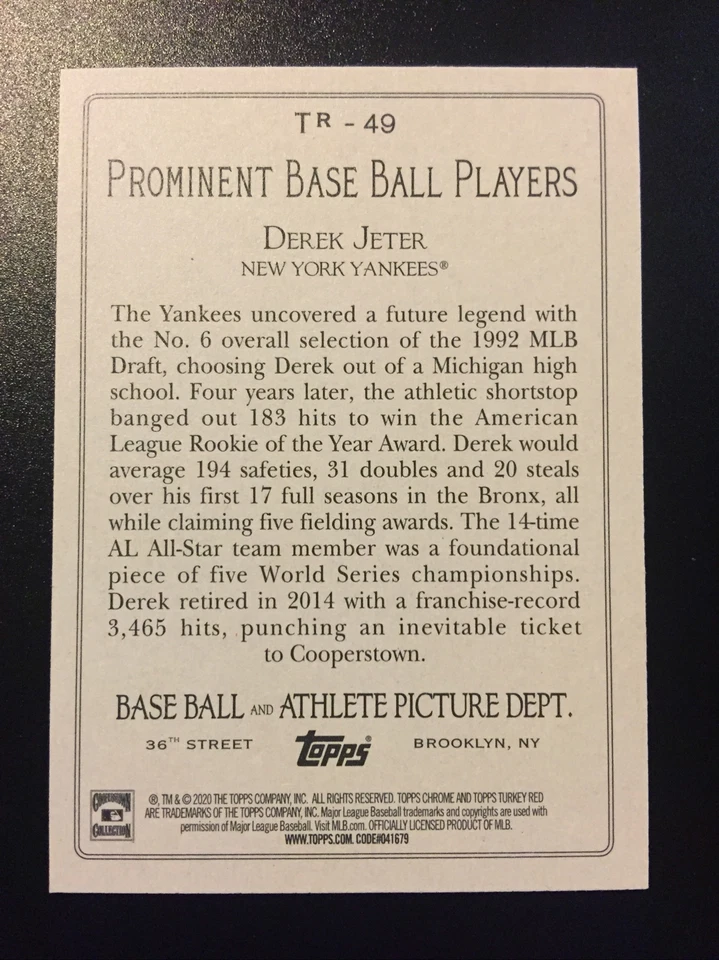 NEW 2020 Topps Turkey Red DEREK JETER New York Yankees Card TR-49 - Image 2 of 2