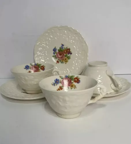 Set of 3 Vintage Pope Gosser China Rose Point Cups & Saucers Floral Made in USA