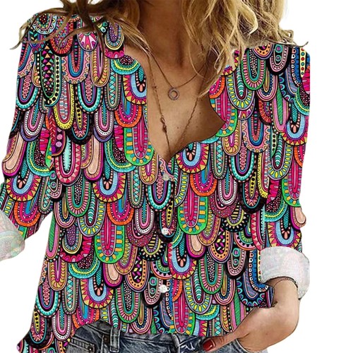 Womens Summer V Neck Tops T Shirt Ladies Long Sleeve Floral Pullover Blouse - Picture 13 of 18