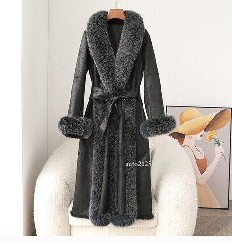Women's Mid Long Coat Overcoat Real Fox Fur Collar Rabbit Fur Lined Winter Parka - Picture 20 of 27