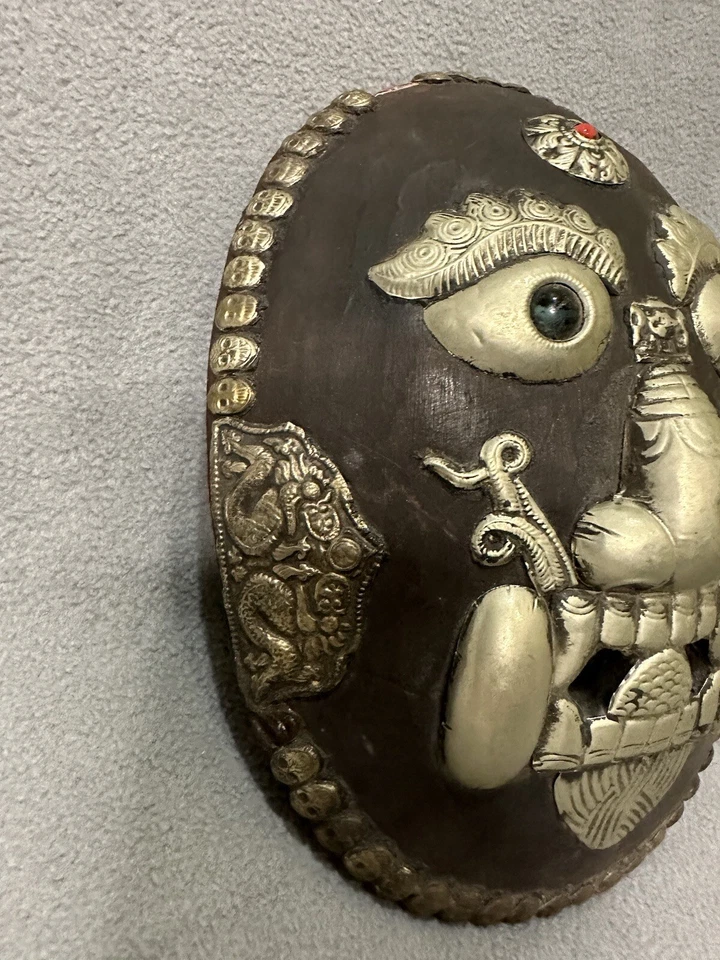 MASCARA 10" Vintage Madera De Colección Tibetano Mahakala Plata Cobre Latón Budismo Nepal Foto 4 de 4