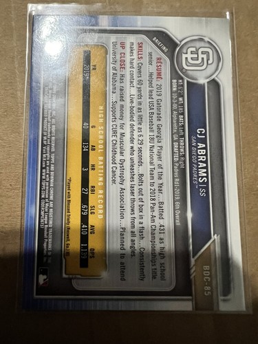 2019 Bowman Chrome CJ Abrams 1st Prospect #9 Card #BDC-85 Padres Rookie RC(D) - Picture 6 of 6