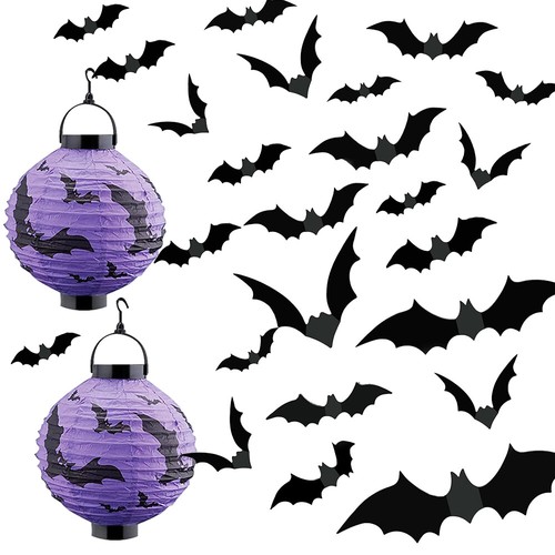 60PCS Adesivo Pipistrello Realistico Halloween Decorazione Spaventosa + 2PCS LED Lampada Lanterna di Carta - Foto 16 di 16