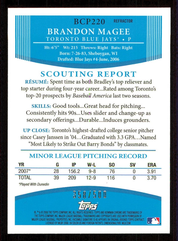 2008 Bowman Chrome Prospects Refractors #BCP220 Brandon MaGee /500 - Image 2 of 2