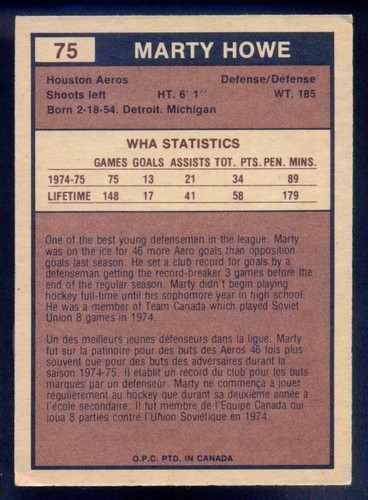 1975 76 OPC O PEE CHEE WHA #75 Marty Howe Rookie EX-NM Houston Aeros RC Card - Picture 2 of 2
