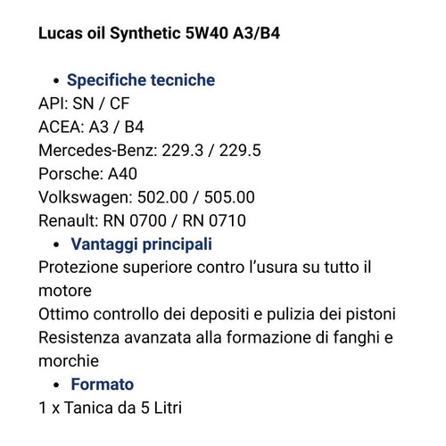 Lucas Oil Sintetico 5W-40 A3/B4 5 litri Massima Protezione e Efficienza Motore - Bild 2 von 4