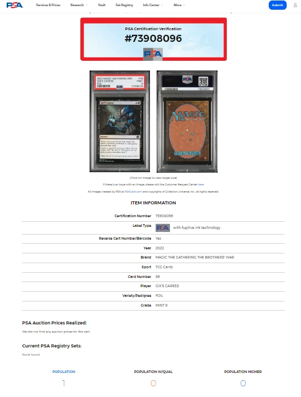 2022 Magic The Gathering Brother's War #96 Gix's Caress PSA 9 POP 1 None Higher - Image 3 of 4