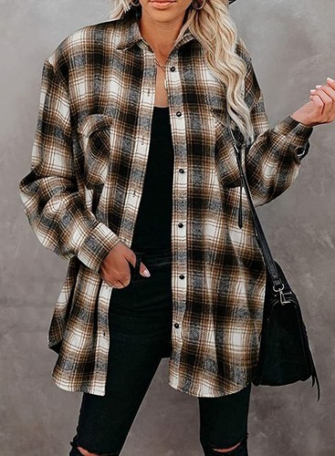 Women's Casual Plaid Flannel Lightweight Button Down Long Sleeve Shirt Jacket Bk - Picture 7 of 8