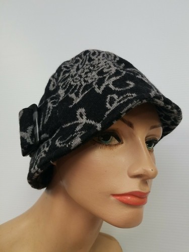 LADIES FLORAL KNIT WOOL HAT BROWN BLACK BUCKET CLOCHE - Picture 11 of 13