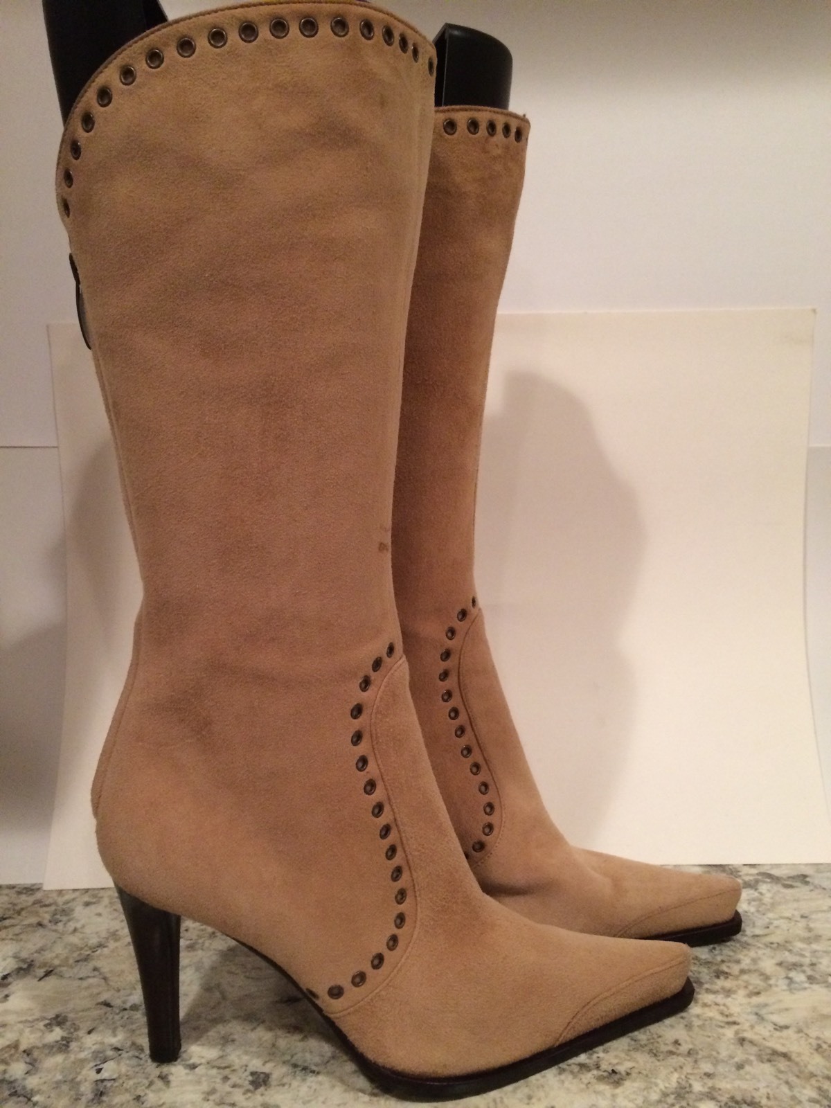 Sergio Rossi Mid Calf Boots Suede Zip Heel Pointy Toe Beige 36 6 Nice Sergio Rossi Mid Calf Boots Suede Zip Heel Pointy Toe Beige 36 6 Nice