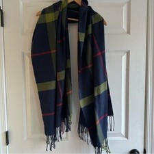 Vintage Tartan Cashmere Fringe Blanket Scarf Blue Red Plaid
