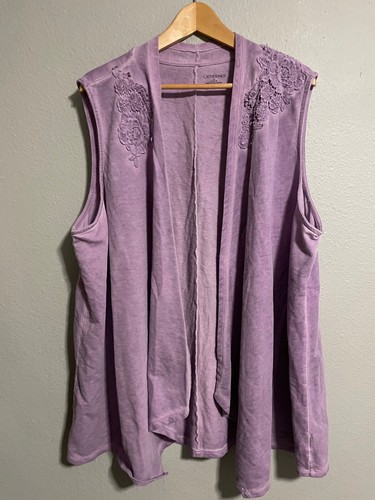 Catherines Womens Cardigan 2X Purple Floral Embroidered Sleeveless Open Boho