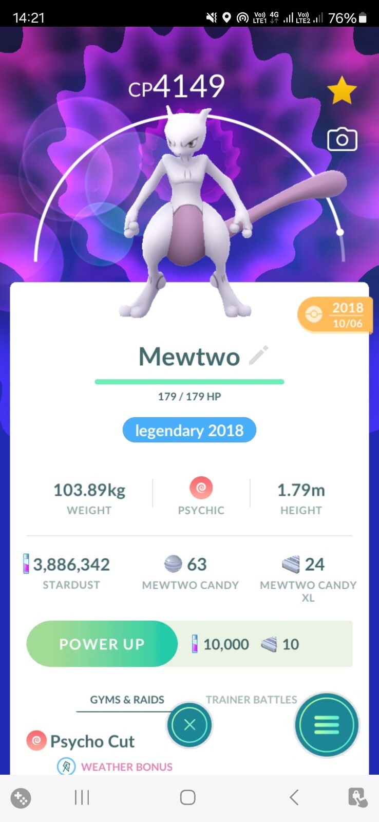 Pokemon Mewtwo (caupado en 2018) (máximo al nivel 40) Go