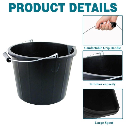 4 x 3 Gallon Plastic Builder's Bucket Pouring Lip Metal Handle Feed Storage Farm - Picture 2 of 24