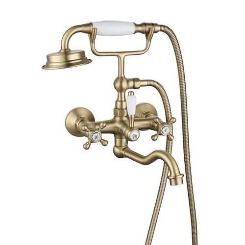 Antique Brass Brushed Gold 2 Handle Telephone Wall Mount Bathtub Faucet Mixer - Picture 2 of 12