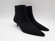 M&S Women's Shoes Black Diamante Pointed Toe Kitten Heel Zip Ankle Boots New