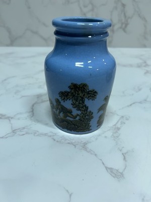 ANTIQUE 19TH C VICTORIAN  POTTERY JAR PRATTWARE BLUE  HUNTING SCENE 1850's