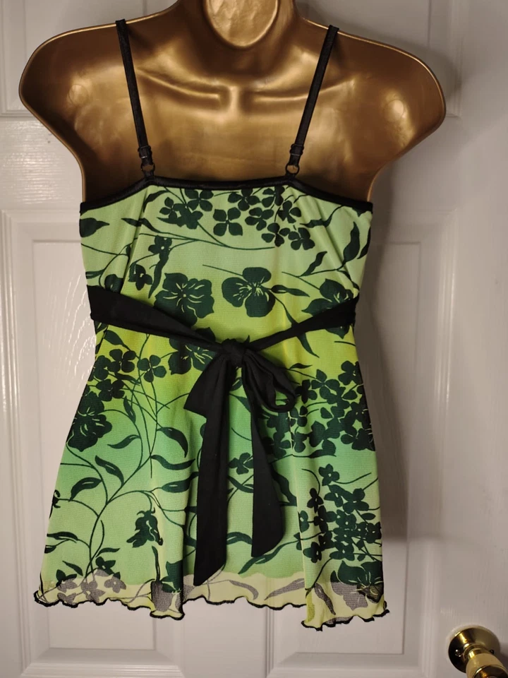 Jane Norman Top Talla UK 14 Verde y Negro Floral Gasa Cami Chaleco De Colección Y2K Foto 4 de 4