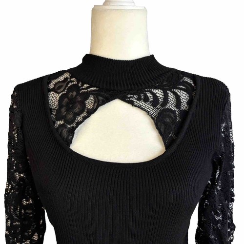 Absolutely Famous Women’s Y2K Top Sz Large Lace Long Sleeves Ribbed Knit Stretch - Picture 3 of 10