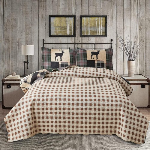 Lodge Bedspread Set FullQueen Size Rustic Cabin Quilt Set Deer Bedding Sets Ligh - Picture 4 of 7