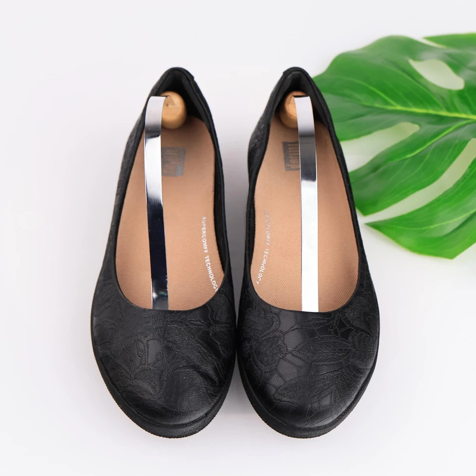 Zapatos FitFlop para mujer talla 6,5 negros bailarina planos en relieve SupercomFF X46-090 Foto 2 de 4