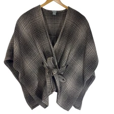 Ann Taylor Women Wool Blend Plaid Cape Poncho Wrap Belted Shawl Ruana Size M