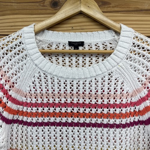 Talbots Pullover Large Petite Häkel Strick weiß bunt Streifen transparent Meshy B158 - Bild 2 von 12