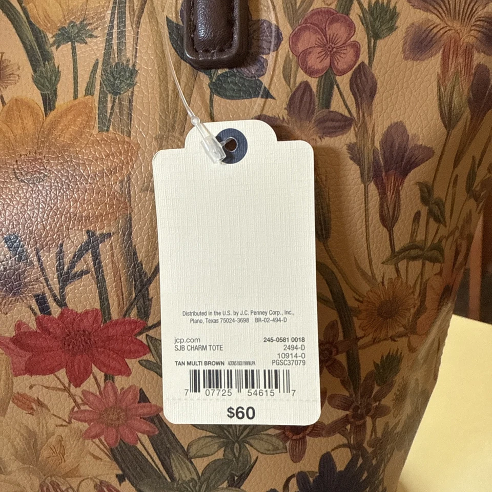 NUEVO CON ETIQUETAS JCP ST JOHN’s BAY Imitación Cuero Floral Bolso de Mano Correas BRONCEADO MULTI MARRÓN Foto 3 de 4