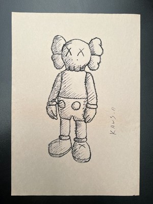 KAWS (Handmade) Zeichnung auf altem Papier signiert Mischtechnik, Vintage Kunst
