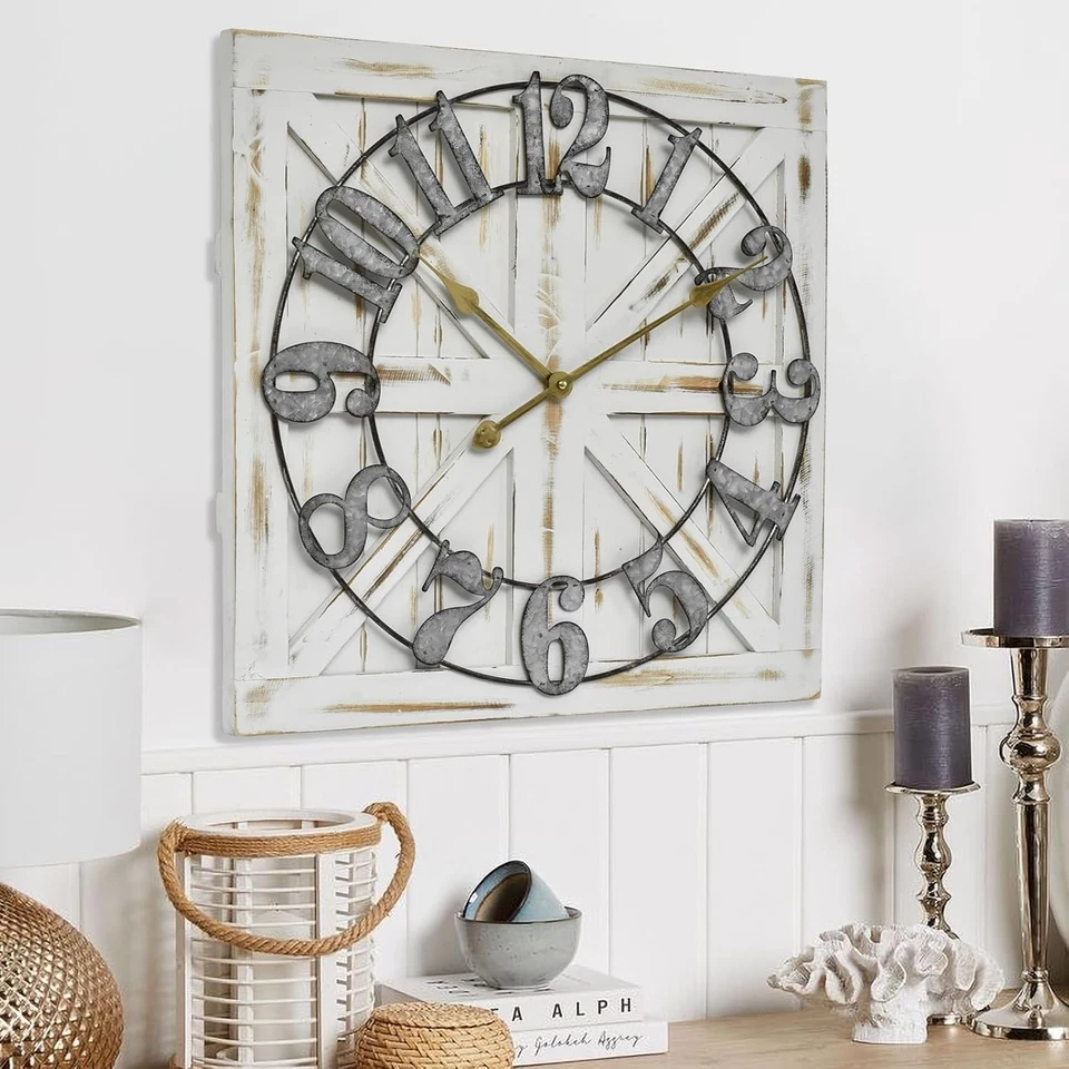 Large Farmhouse Wall Clock – 24 Inch Square Rustic Wooden Clock with  - Image 4 of 4