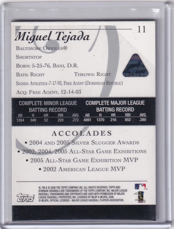 2006 Bowman Originals MIGUEL TEJADA Black Printing Plate 1/1 #11 Orioles - Image 2 of 2