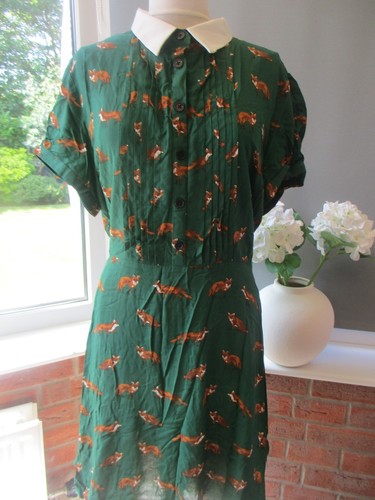 HELL BUNNY Vixey Green Fox Print Retro Pintuck A Line Collar Dress 3XL UK 20 New