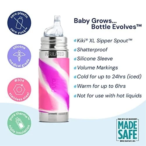 Garrafa Kiki 9 oz/260 ml aço inoxidável isolada Sippy com manga, sem plástico,... - Imagem 3 de 4