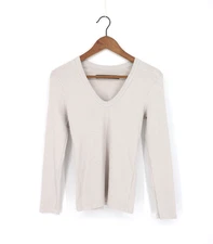 ENZA COSTA Textured Knit Long Sleeve U Neck Top Light Beige S $158 D1 222