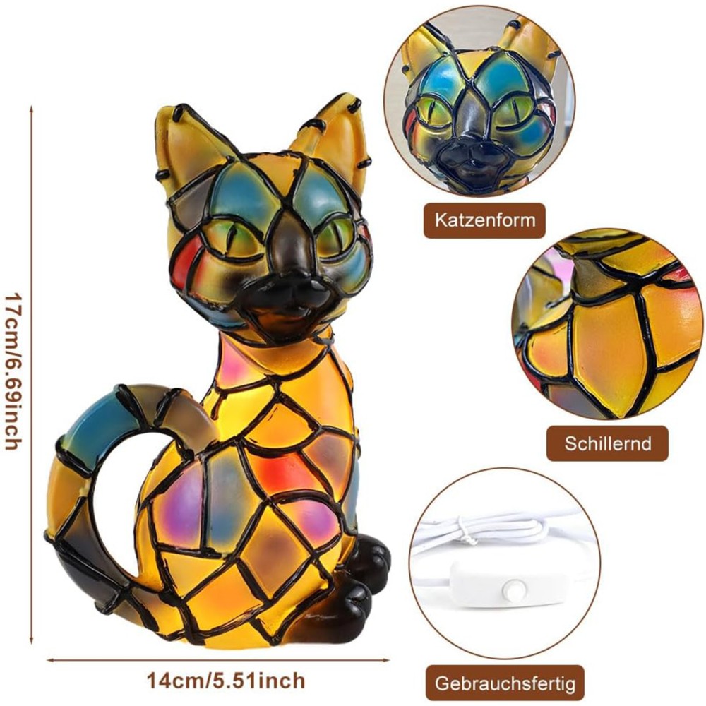 Tiffany Katzenlampe, Retro Katze Buntharz Tischlampe LED Mosaik Nachtlicht 17cm