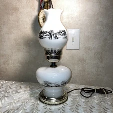 Vintage Currier & Ives Farm Scene Milk Glass Oil Lamp