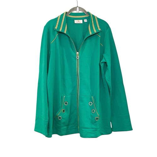 Quacker Factory Green & Gold Rhinestone Grommet Trim Full Zip Jacket Size M