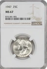 1947 Silver Washington Quarter Coin NGC MS 67
