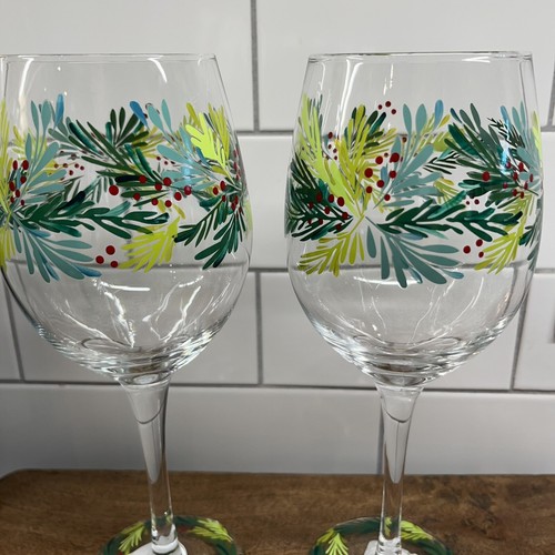 Pier 1 Balloon Wine Glass Set of 2 Winter Holiday Christmas Greenery NEW - Picture 3 of 5