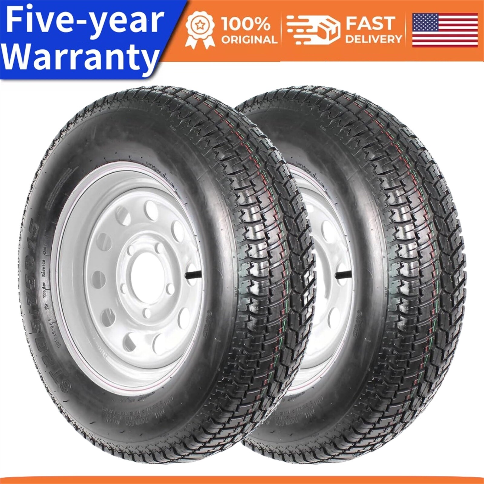 2pack ST205/75D15 Trailer Tires and Wheels 15" 6PR 5 Lug on 4.5" Load Range C 