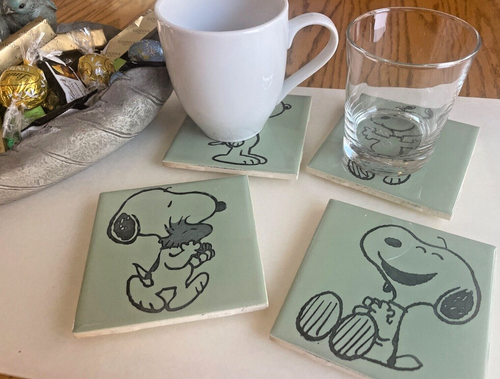 Vintage grün sortiert SNOOPY Keramikfliese Untersetzer - gravierte Fliese - 4er Set - Bild 8 von 8