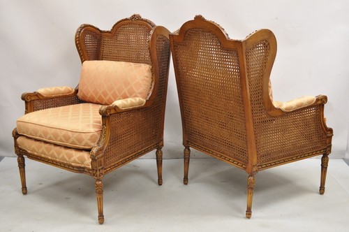 Vintage French Louis XVl Style Carved Walnut Cane Bergere Lounge Chairs - a Pair - Picture 3 of 12