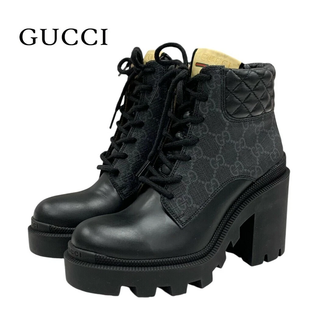 Gucci Bottes Chaussures Courtes Cuir Noir GG Supreme Lacets Femme Occasion