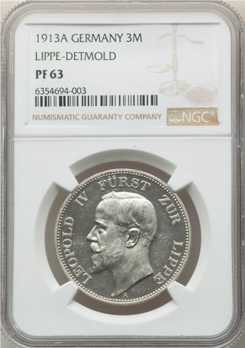GERMANY 1913 A Lippe-Detmold Leopold IV Proof 3 Mark PR63 NGC Berlin mint, KM275 - Picture 1 of 4