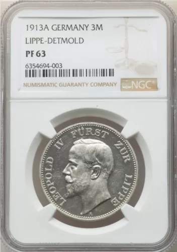 GERMANY 1913 A Lippe-Detmold Leopold IV Proof 3 Mark PR63 NGC Berlin mint, KM275