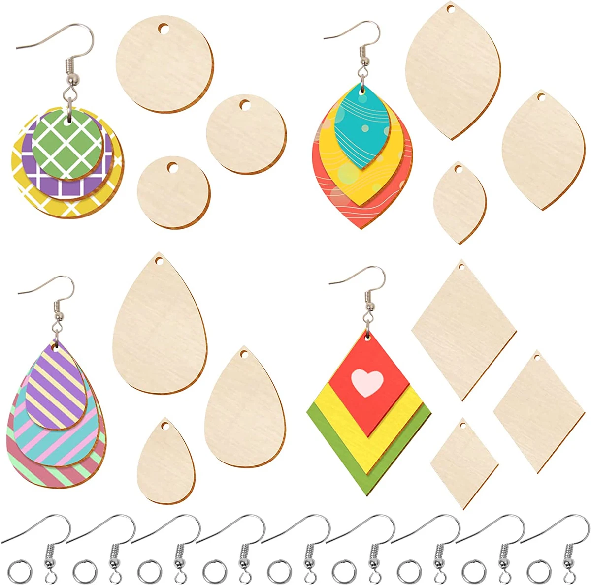 320 Pieces Unfinished Wooden Earrings Blanks Wooden  Teardrop/Circle/Leaf/Diamond