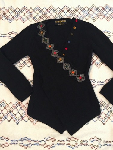 100% Baby ALPACA Wool Women Wrap Top Sz XS Black Factoria Paty Aztec Art To Wear - Picture 9 of 9